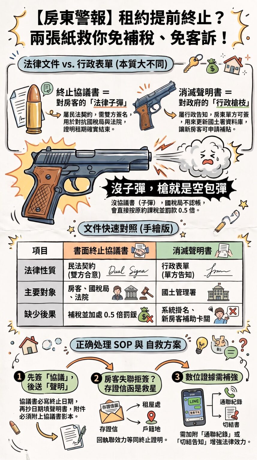 書面終止協議書 與 出租人通報租賃契約消滅聲明書 不一樣(馥華艾美蘇建豪)